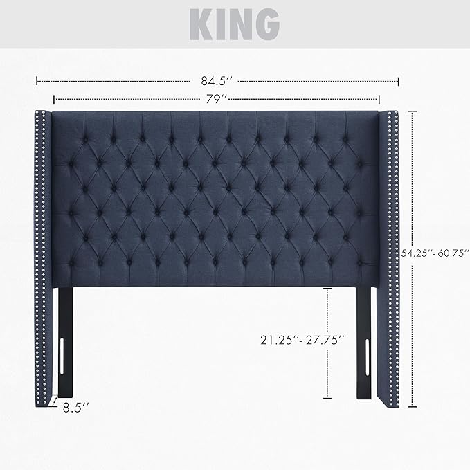 Madison Park King Button Tufted Headboard, Adjustable Upholstered Wingback Headboard, Nailhead Trim, Wooden Frame, Black Metal Legs, Flush Flat Back, Vintage Bedroom Décor - Navy Amelia
