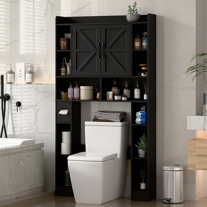 Farmhouse Storage Cabinet Over Toilet with Barn Doors,Over The Toilet Storage Cabinet, Home Space-Saving Toilet Rack, for Bathroom, Restroom, Laundry.Pure Black