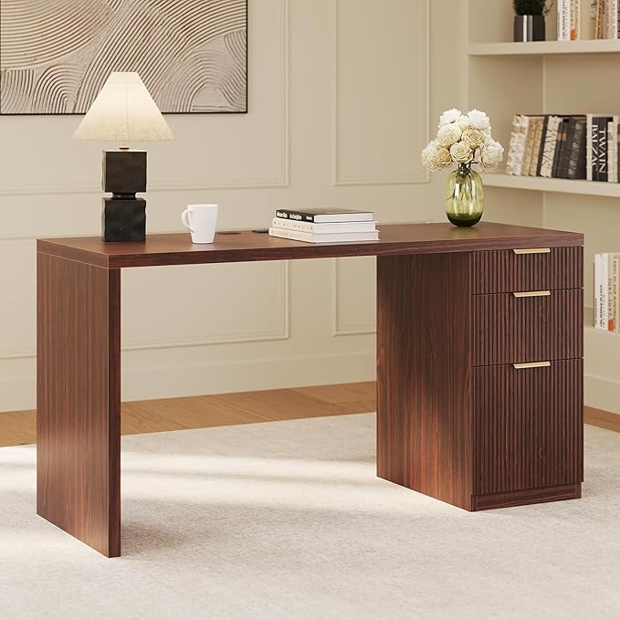 FURSUN 58" Modern Executive Desk with Storage, Home Office Desk with Drawer & Cabinet, Wooden Fluted Desk for Study, Living Room, Bedroom, Dark Walnut