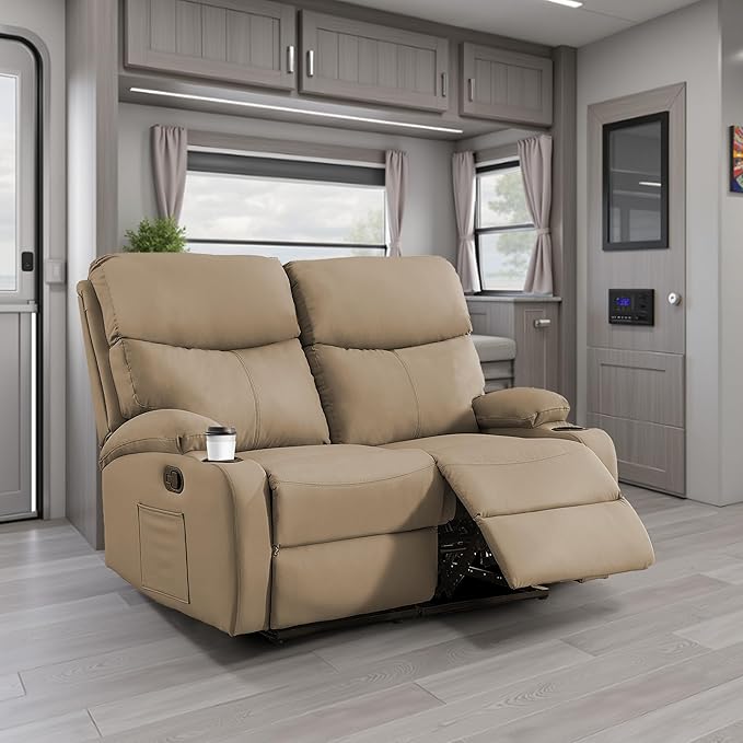Manual Reclining Loveseat Anti-Scratch Loveseat Recliner Sofa with Side Pocket and Cupholders Wall Hugger 2 Seat Reclining Sofa Chair for RV Living Room Meeting Room Bedroom Apartment