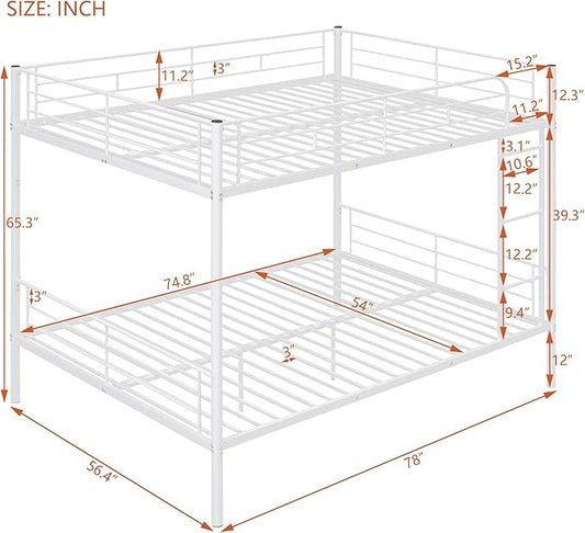 Merax Full Over Full Metal Bunk Bed with Ladder and high Guardrail, Able to Split, Storage Space, No Box Spring Needed, Noise Free, White
