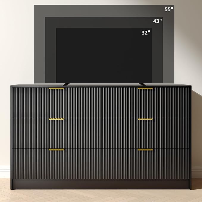 Black Dresser with 6 Deep Drawers, 55” Wide Fluted Dresser for Bedroom with Gold Handle, Modern Chest of Drawer for Closet, Bedroom, Living Room, Black
