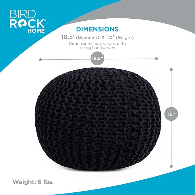 BIRDROCK HOME Round Pouf Ottoman | Cotton Braided Foot Stool with Bean Bag Filling | Boho Foot Rest for Living Room & Bedroom | Compact & Comfortable Seating, Lightweight & Soft | Black