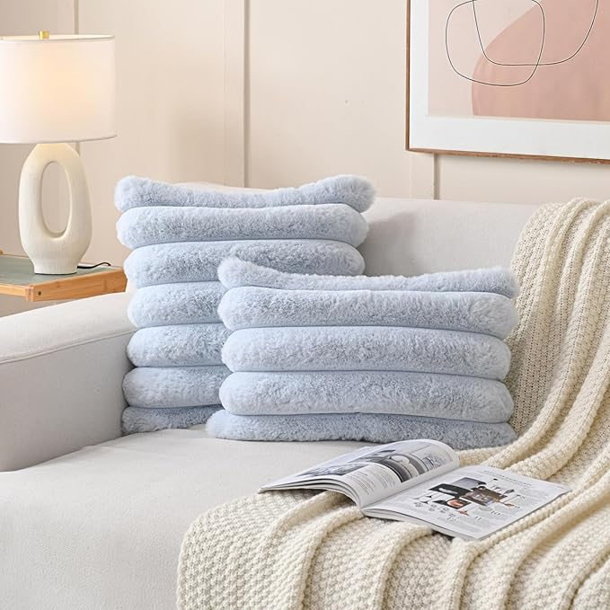 FUTEI Light Blue Decorative Throw Pillow Covers 26x26 Inch Set of 2, Square Soft Faux Rabbit Fur Thick Striped Euro Pillow Shams,Winter Home Decor for Couch Bed Living Room