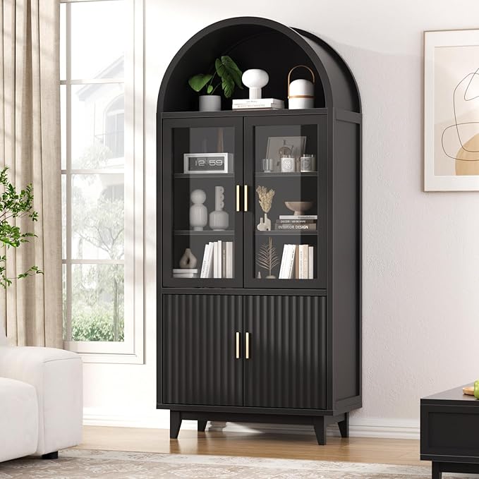 Arched Cabinet with Glass Doors, Fluted Tall Pantry with Solid Wood Legs, 71" Modern Accent Cabinet for Living Room, Kitchen, Dining Room, Entryway, Black