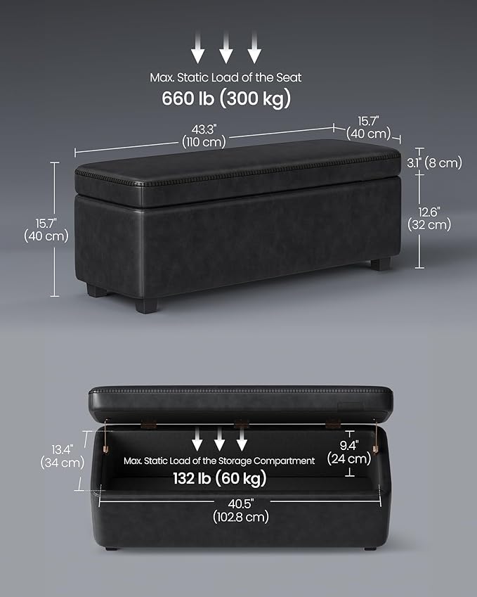 VASAGLE EKHO Collection - Storage Ottoman Bench, Entryway Bedroom Bench, 25 Gallons, Synthetic Leather with Stitching, Mid-Century Modern, Safety Hinges, Loads 660 lb, Ink Black ULOM075B01