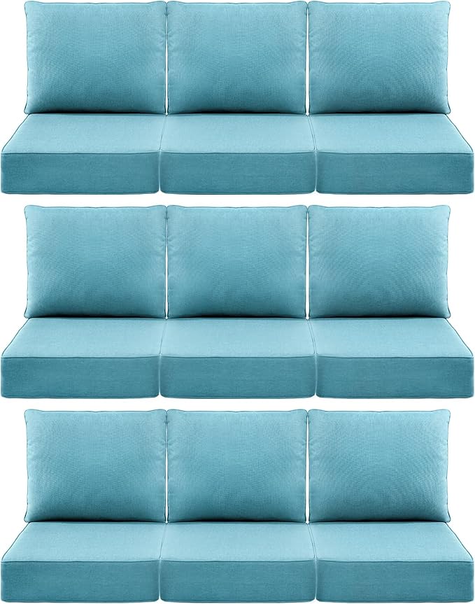 Luxury 6" Outdoor Cushions for Patio Furniture, 24x24x6" Thick Seat Cushion Set of 9, Fade Resistant Couch Chair Replacement Cushions High Density Deep Wicker Chair Cushion w/ Removable Cover, Teal