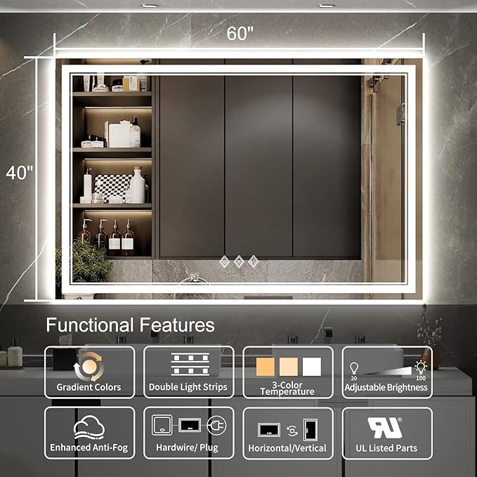 Bathroom Mirror with Lights, 60x40 Inch Gradient Front and Backlit Mirror, 3 Colors Dimmable CRI>90 Double Lights, IP54 Enhanced Anti-Fog, Hanging Plates Wall Mount Lighted Bathroom Mirror