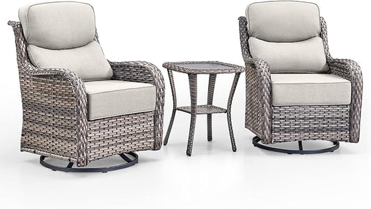 Swivel Patio Chairs Set of 3 with 6" Thick Cushion - Wicker Outdoor Swivel Rocker Patio Chairs with Side Table, High Back Comfortable Outdoor Glider Chairs - Brown Wicker | Grey Cushions