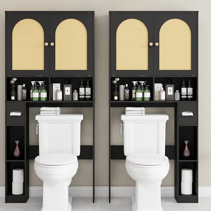 Vabches Rattan Toilet Storage Cabinet, Over Toilet Storage Wood Cabinet with 2 Doors & Toilet Paper Holder Stand, Bathroom Organizer Home Space Save Toilet Rack for Bathroom, Laundry, Restroom, Black