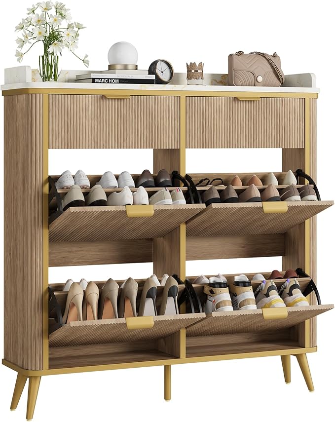 Fluted Shoe Storage Cabinet with 4 Flip Drawers & 2 Drawers, Freestanding Hidden Shoe Organizer with Adjustable Shelves, Wood Narrow Shoe Rack Cabinet for Entryway, Foyer, Hallway, Natural Oak