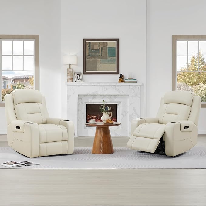 Watson & Whitely Oversized Genuine Leather Power Recliner Chairs for Big and Tall, Extra Wide Lay Flat Recliner with Power Headrest & Cup Holders, Electric Reclining Sofa for Living Room, Cream