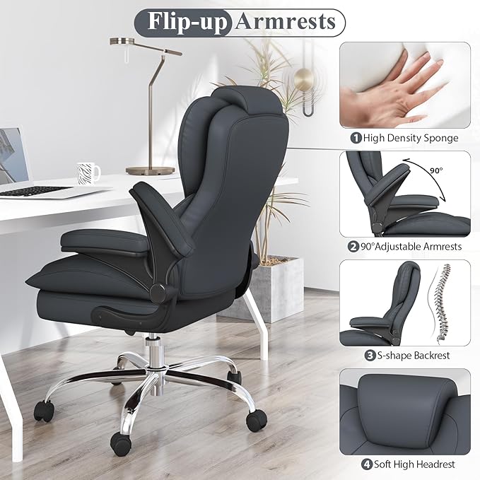 Office Desk Chair, Executive Leather Office Chair, High Back Ergonomic Home Desk Chair with Padded Flip-up Arms, Big and Tall Computer Chair with Rocking Function, 360°Swivel Free, Gray