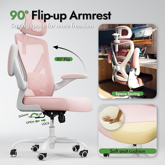 Pink Ergonomic Office Chair: Mesh Desk Chair Comfy with Adjustable Lumbar Support 330lbs High Back Computer Gaming Chair - Big and Tall Office Chairs with Headrest - Adults Home Office