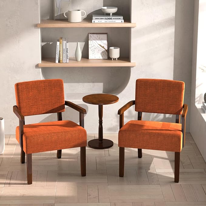 Accent Chair Set of 2 with Table, Upholstered Living Room Chairs with Wood Frame, Modern Oversized Reading Armchair for Bedroom Waiting Room (Orange)