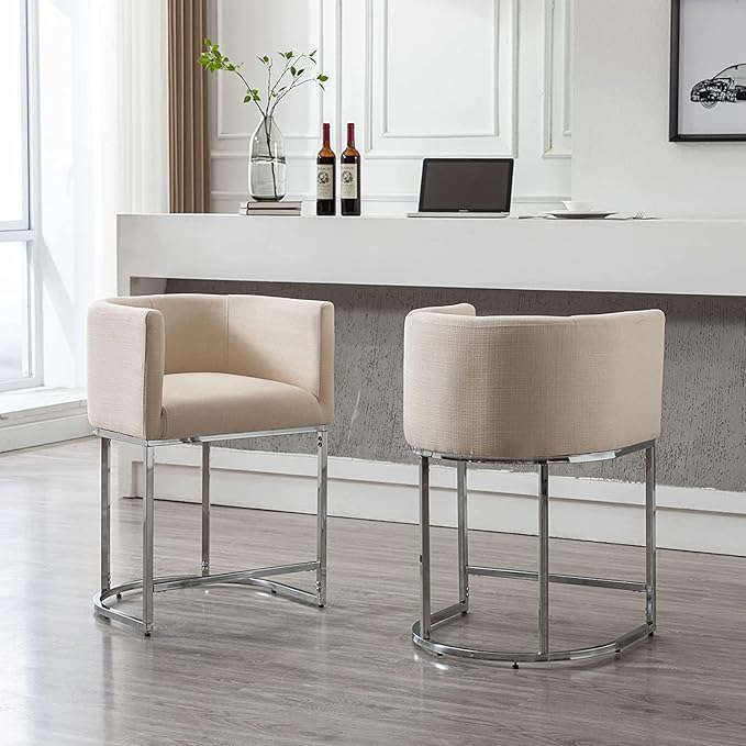 Contemporary Cream Linen Bar Stool, 24" Upholstered Fabric Counter Height Barstool Kitchen Counter Island Stool with Screwed Together Chrome Finish Base