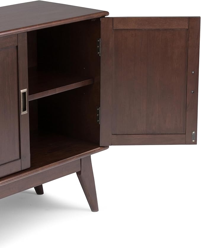 SIMPLIHOME Draper SOLID HARDWOOD 32 Inch Wide Mid Century Modern Low Storage Cabinet in Medium Auburn Brown, For the Living Room, Entryway and Family Room