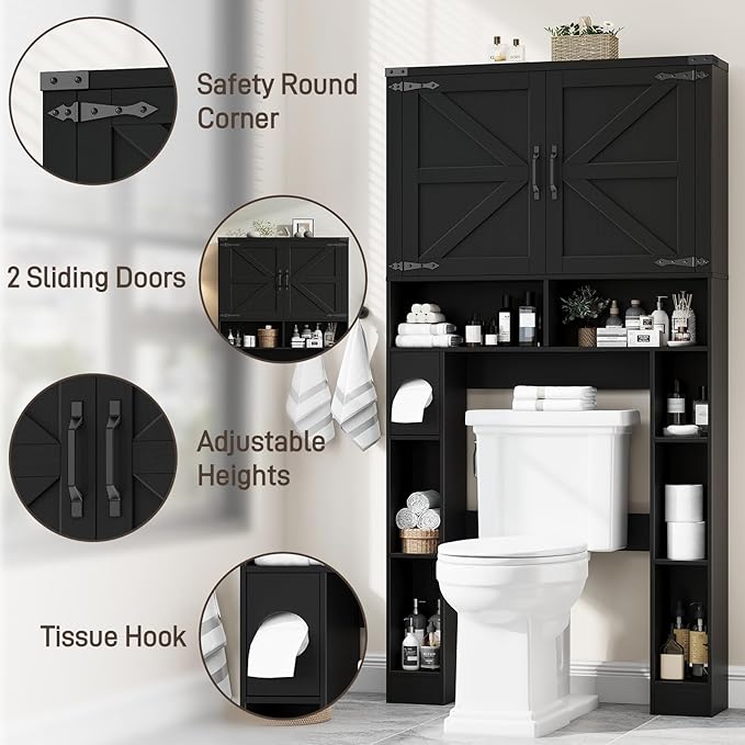 Vabches Over The Toilet Storage Cabinet, Farmhouse Storage Cabinet Over Toilet with 2 Barn Doors ,Toilet Paper Holder Stand,Home Space-Saving Toilet Rack, for Laundry, Restroom, Bathroom.Black.