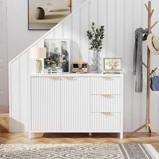 Fluted Sideboard Buffet Cabinet, 46.5" Storage Buffet Cabinet with 2 Doors & 3 Drawers, Modern Wood Sideboard Console for Living Room, Dinning Room, Kitchen, White