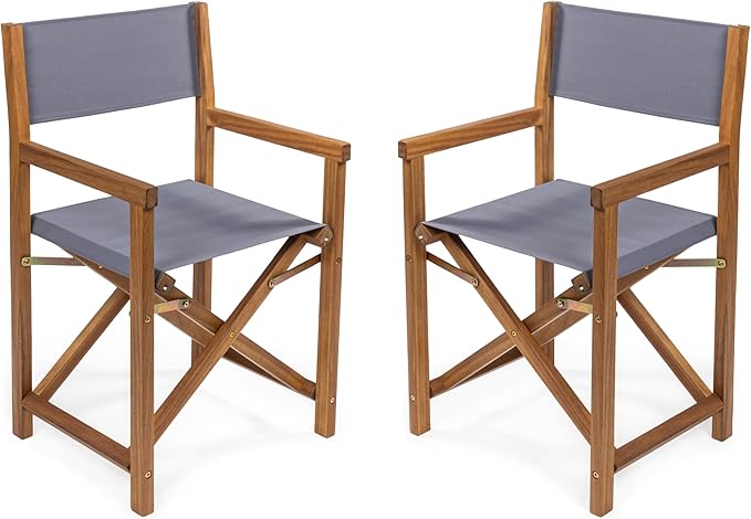 JONATHAN Y DRC1000A-SET2 Cukor Classic Vintage Outdoor Acacia Wood Folding Director Chair with Canvas Seat Mid-Century, Modern, Traditional, Bohemian, Coastal, Minimalist, Gray/Teak Brown (Set of 2)