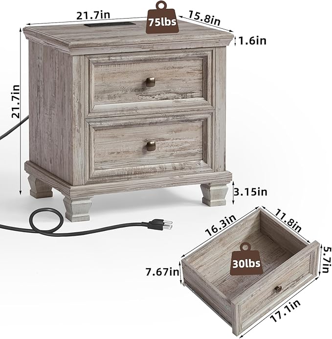 Farmhouse Nightstand Set of 2 for Bedroom, Mid-Century Low Nightstands with 2 Drawers & Charging Station, Vintage Night Stands with 4 Square Solid Wood Legs, Small Dresser for Home, Grey