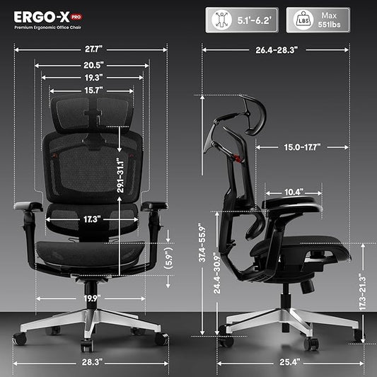 FLEXISPOT ErgoX-PRO Ergonomic Office Chair Black – AeroWeave 5.0 Mesh Seat, 5D Lumbar, 7D Armrests, 4D Headrest, 551LBS Capacity – Office, Gaming, Home