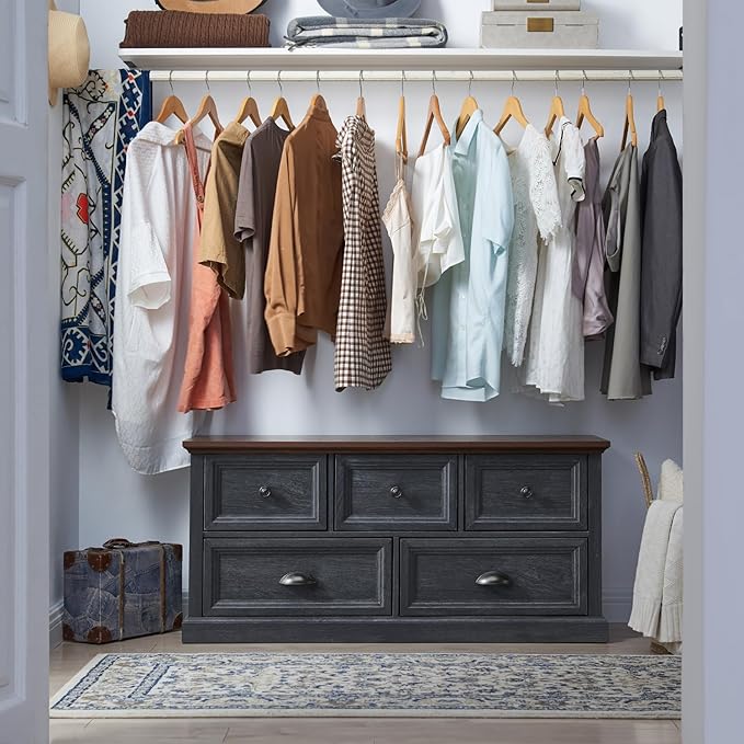 Farmhouse 5 Drawers Dresser for Bedroom, 45" Wide Chest of Drawers, 21" Tall Storage Closet Bench Storage Chest Storage Trunk, Wood Rustic Dresser for Closet, Living Room, Hallway, Dark Grey