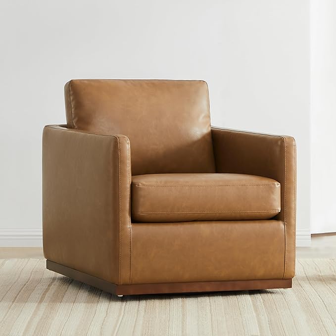 CHITA Swivel Accent Chair, Faux Leather FSC Certified Mid Century Modern Arm Chair for Living Room and Bedroom, Fully Assembled, Saddle Brown