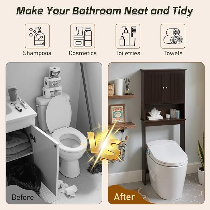Over The Toilet Storage Cabinet, Behind Toilet Bathroom Organizer with Adjustable Shelves, Above Toilet Organizers with Barn Door, Space Saver for Restroom, Bathroom, Laundry