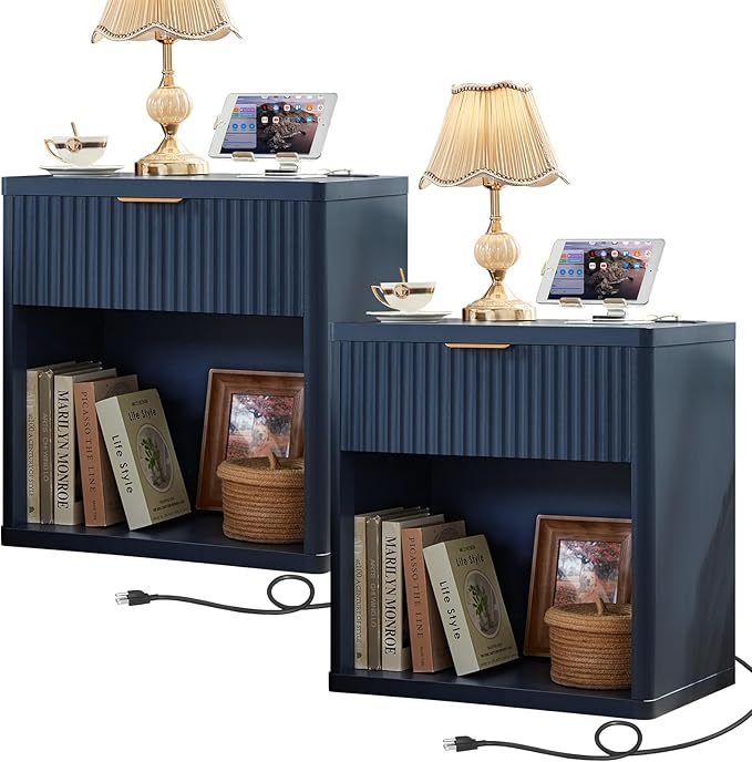 LEYAOYAO Fluted Farmhouse Nightstand Set of 2 with Charging Station, 23" Wide 1 Drawers Night Stand,Blue Dresser for Bedroom,Bed Side Table Chest of Drawers,Wood End Table for Living Room