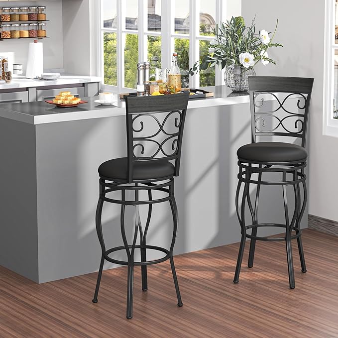 Giantex 30" Swivel Bar Stools Set of 4, Bar Height Bar Stools with Back, Upholstered PU Leather Seat, Footrest, Max Load 330Lbs, Vintage Metal Barstools for Kitchen Island, Dining Room, Pub, Black