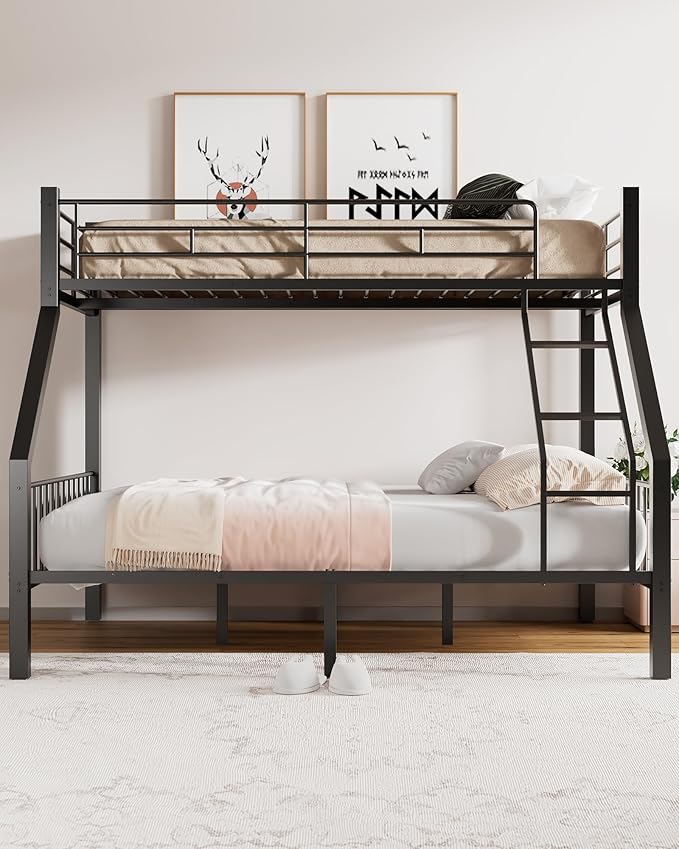 Twin XL Over Queen Bunk Bed, Heavy Duty Bunk Bed with EVA Padded Ladder and Full-Length Guardrails, Metal Queen Bed Frame with Slats Support for Adults, Teens, Kids, Black