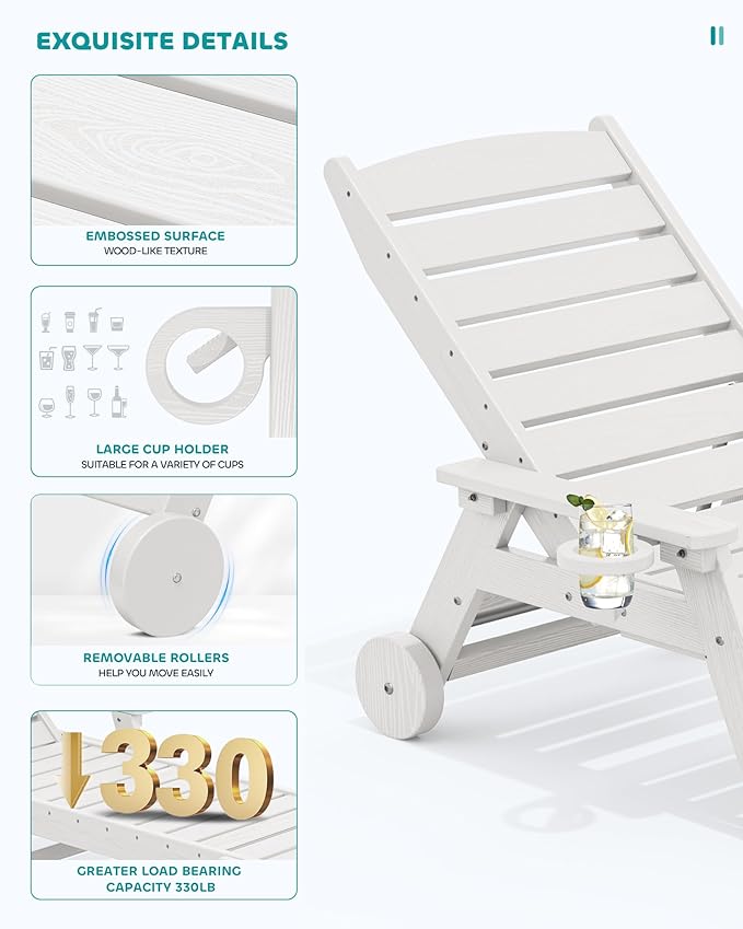 SERWALL Patio Chaise Lounge Chair Set of 2, 78'' Long 5-Positions Adjustable HDPE Outdoor Lounger for Pool, Poly Lounge Chair with Rolling Wheels & Cup Holder for Poolside, Deck, White