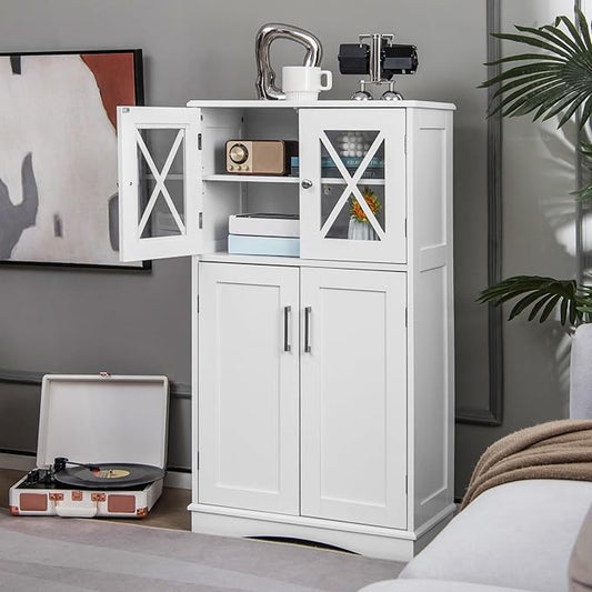 Giantex Bathroom Floor Storage Cabinet - Linen Floor Cabinet with Doors and Adjustable Shelves, Freestanding Side Storage Organizer for Bathroom, Living Room, Entryway, Kitchen Storage Unit (White)