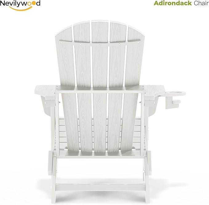 nevilywood Folding Adirondack Chair, Ergonomic Extended Backrest, HDPE All-Weather, 380lbs Capacity, Maintenance-Free, Cup Holder, (White)- Outdoor Patio & Firepit Chair