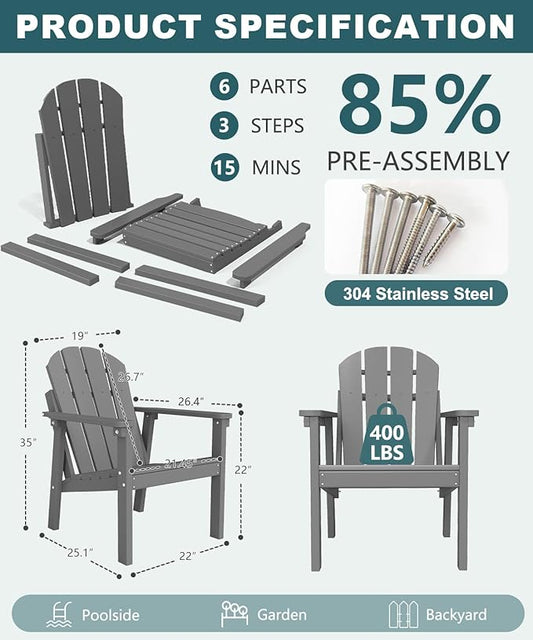 Adirondack Chair Set of 2, All Weather HDPE Fire Pit Chairs, Oversized Plastic Adirondack Chair for Outdoor, Balcony, Deck, Backyard, Patio, Garden, Poolside, Lawn Grey
