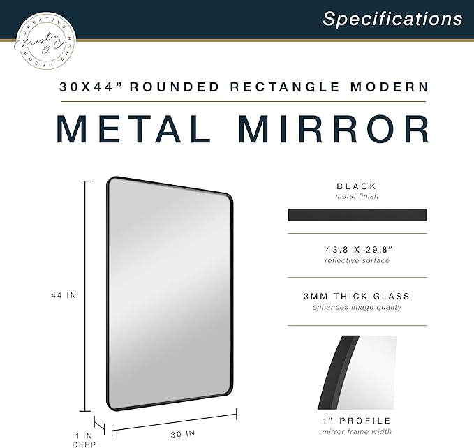 MCS Master & Co. Modern Metal Large Wall Mirror, Minimalist Home Decor Rectangle Mirror with Rounded Corners for Living Room, Bedroom, or Bathroom, 30 by 44 Inch, Black