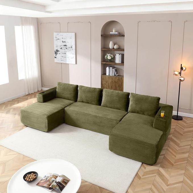 132 Inch Modular Sectional Sleeper Sofa, Boneless Cloud Couch for Living Room, U Shaped 5 Seat Sofa with 2 Cup Holders, Free Combination, No Assembly Required (Green)