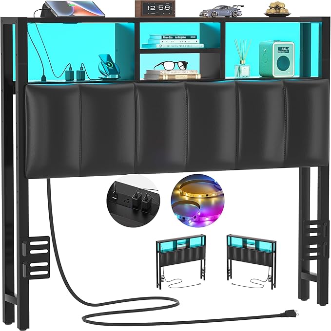 Aheaplus Headboard for Twin Size Bed with Storage, Upholstered Headboards with Outlets, USB Ports and LED Light, Reversible Twin Size Head Board, Height Adjustable, Comfortable Headboard, Black