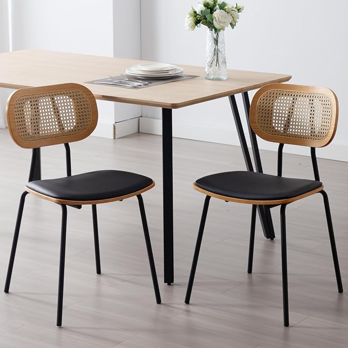 Mid-Century Modern Rattan Cane Back Dining Chairs Set of 2 β PU Leather Upholstered Seat, Black Metal Legs, Kitchen Side Chairs for Kitchen & Dining Room, Black