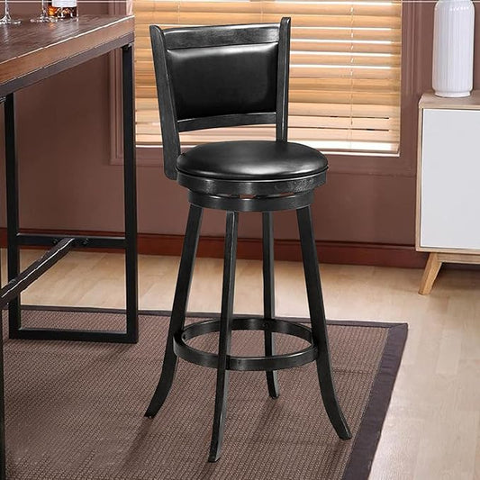 COSTWAY Bar Stools Set of 2, 360 Degree Swivel, Accent Wooden Swivel Back Bar Height Bar Stool, Fabric Upholstered Design, PVC Cushioned Seat (2 stools, Black 29'' Height)