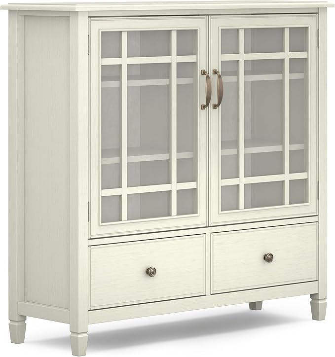 SIMPLIHOME Connaught SOLID WOOD 46 inch Wide Traditional Tall Storage Cabinet in Antique White for the Living Room, Entryway and Family Room