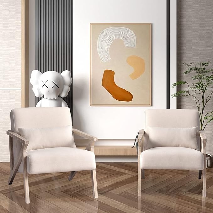 INZOY Mid Century Modern Accent Chair Set of 2 with Wood Frame, Upholstered Armchair with Waist Cushion, Accent Chair for Living Room Bedroom Apartment, Easy Assemble, Beige