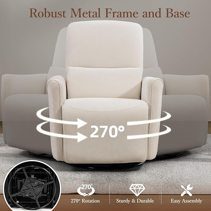 Power Swivel Recliner Chair, Upholstered Fabric Glider Electric Rocking Chair for Adults. Nursery Rocker Single Sofa with Lumbar Support for Living Room. Dual-port Charging: Type-C&USB, Beige