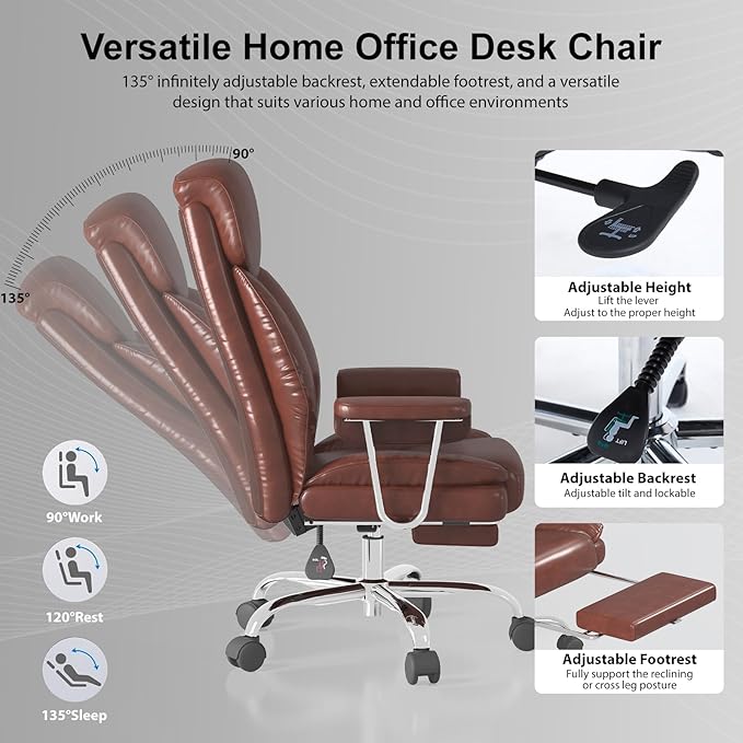 Big and Tall Office Chair, Executive Home Office Desk Chair, Comfy Leather High-Back Reclining Computer Chair with Retractable Footrest and Padded Arms, 360°Swivel Rolling Wheels, Wide Seat, Brown