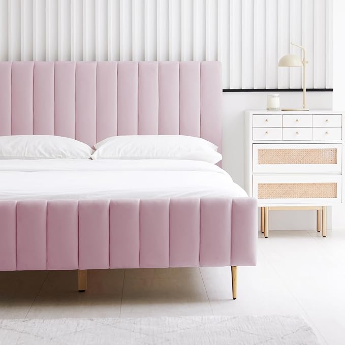 Livinia King Size Elton Velvet Platform Bed, Upholstered Bed Frame with Vertical Channel Tufted Headboard Footboard, Strong Wood Slats, No Box Spring Needed, Pink (King)