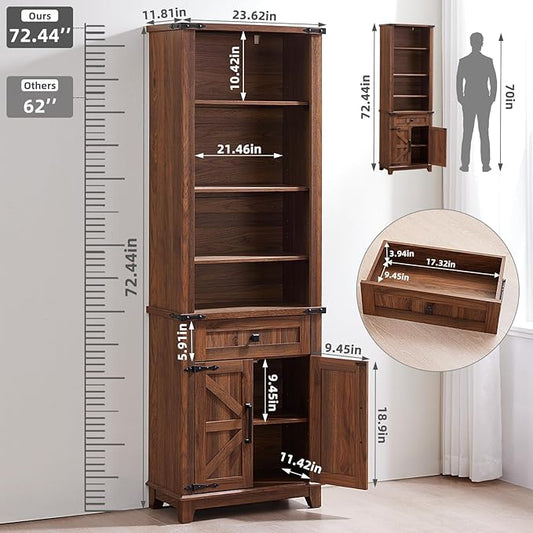 72in Tall Bookshelf 7 Tier Bookcase with Drawer and Barn Doors and Adjustable Shelves, Brown Farmhouse Book Shelf with Storage Cabinet, Wood Freestanding Display Bookshelves for Kitchen (2PCS)