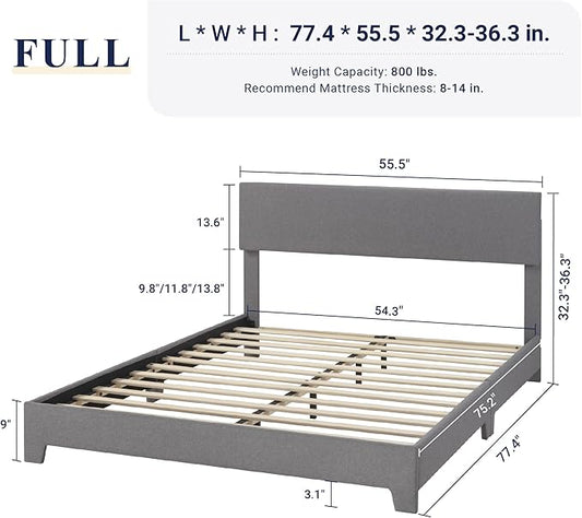 Allewie Full Size Bed Frame with Adjustable Headboard, Upholstered Platform Bed with Wood Slats, Heavy Duty Mattress Foundation, No Box Spring Needed, Noise-Free, Easy Assembly, Light Grey