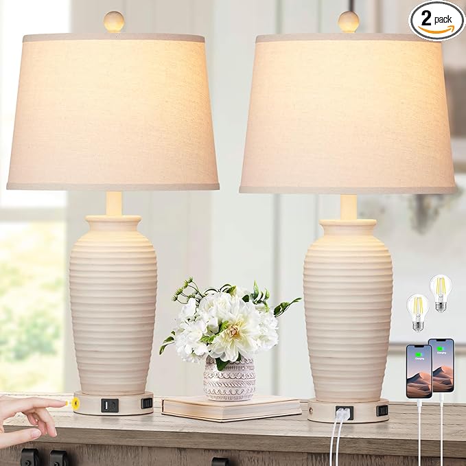 24.3" Farmhouse Jar Table Lamps Set of 2, 3 Way Touch Control Rustic Bedside Lamps with USB A+C Ports & AC Outlet, Pot Nightstand Lamps for Bedroom Living Room (LED Bulbs Included)