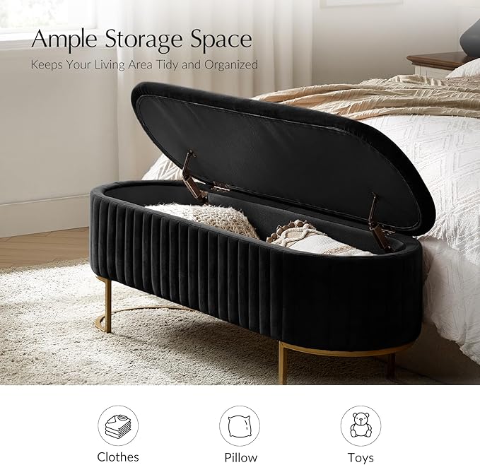 EcoHarbor Living 50.5" Storage Bench Velvet Bedroom Ottoman,Upholstered End of Bed Bench with Gold Legs,Flipping Lid Entryway Footrest